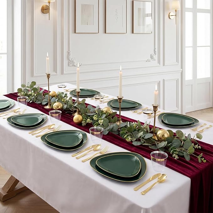 DaYammi 180Pcs Green Plastic Plates, Green Gold Disposable Plates with Gold Silverware Dinnerware Set Include: 30 Dinner Plate,30 Dessert Plate,90 Plastic Cutlery,30 Cups for Party Dinner Wedding