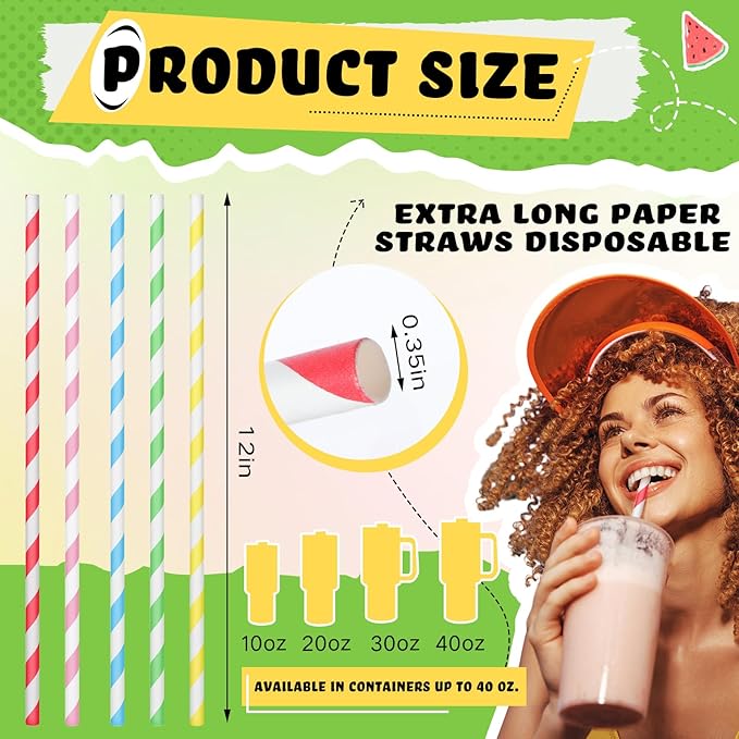 Eaasty 500 Pack 12 Inch Extra Long Paper Straws Bulk Disposable, 8 mm Wide Stripe Straws in 5 Colors, 100% Biodegradable, Non-soggy Paper for About 40oz Tumblers Smoothies Tall Drinks