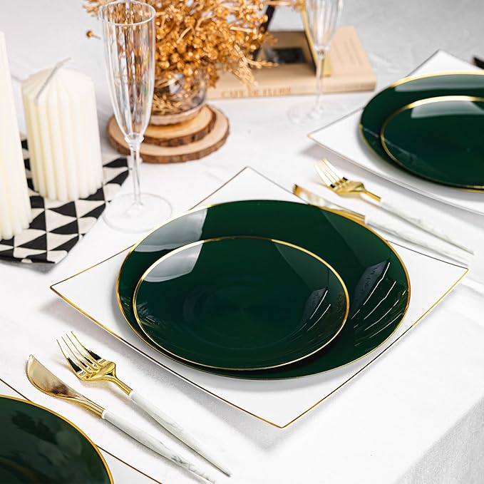 Lullaby 100PCS Green and Gold Plastic Plates, Disposable Green Plastic Plate with Gold Rim, 50PCS Dessert Plates 7" and 50PCS Dinner Plates 10", Perfect for Party Wedding and Daily Use