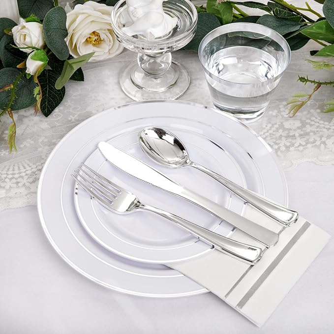 NOCCUR 700PCS Silver Plastic Plates Disposable for 100 Guests - Include 100 Dinner/Dessert White Plastic Plates with Silver Trim,300 Cutlery,100 Cups,100 Napkins for Party&Wedding