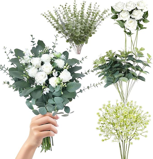 Longer Size 60pcs Mixed Artificial Green Plants with Faux Eucalyptus Stems,Greenery Stems,White Roses Wedding Florals Artificial Flowers,Eucalyptus Garland for Decor