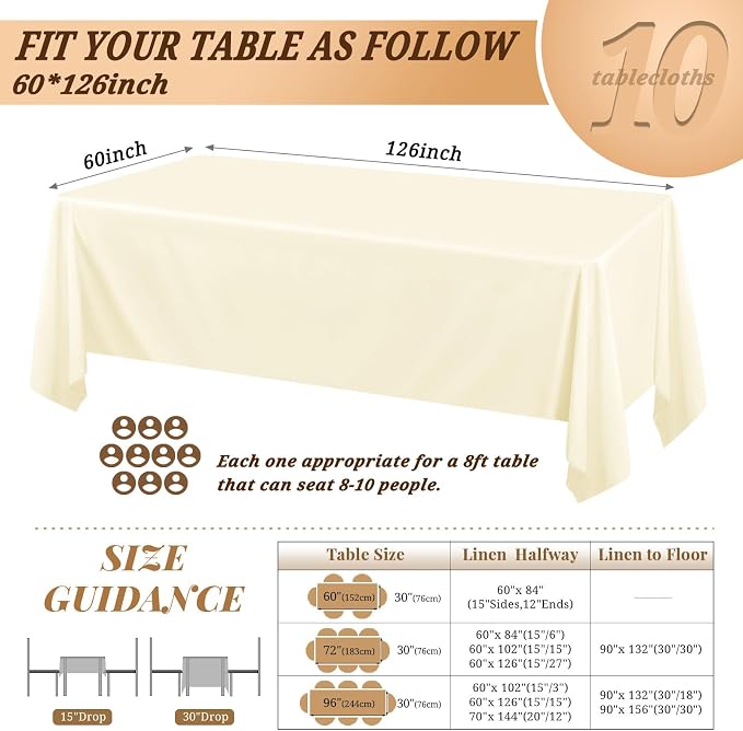 10 Pack 60 x 126 Inch Rectangle Tablecloth, Beige Tablecloth for 8 Feet Rectangle Tables, Stain and Wrinkle Resistant Washable Fabric Table Cloth for Wedding Dining Table Buffet Parties Camping