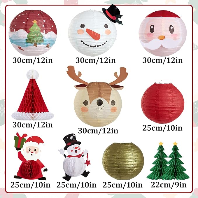 Christmas Paper Lanterns Hanging Classroom Christmas Decorations Ceiling Party Decorations Including 3D Xmas Hat, Santa Claus, Snowman Christmas Trees Honeycomb, for Xmas Holiday Home Indoor 11 PCS