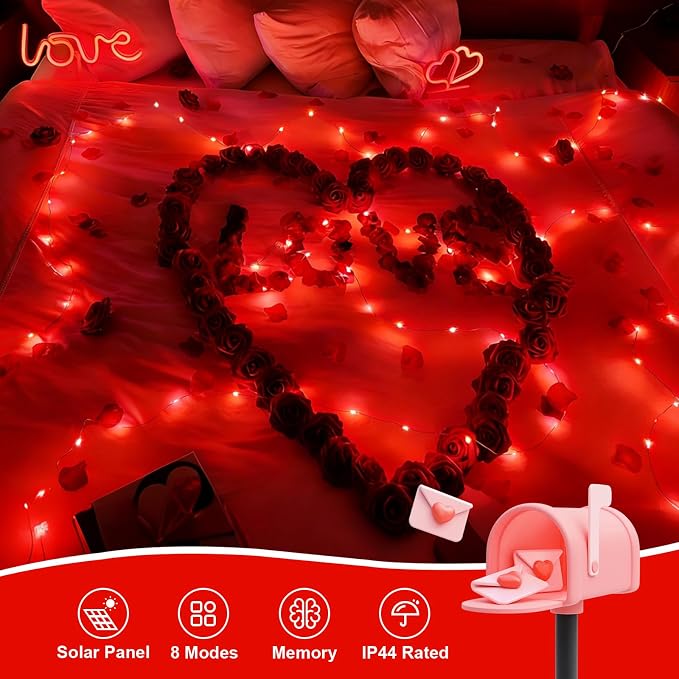 QITONG 4 Pack Solar Fairy Lights, Each 33ft 100 LED Red Halloween String Light Outdoor Waterproof, 8 Modes Silver Wire Christmas Twinkle Mini Lights