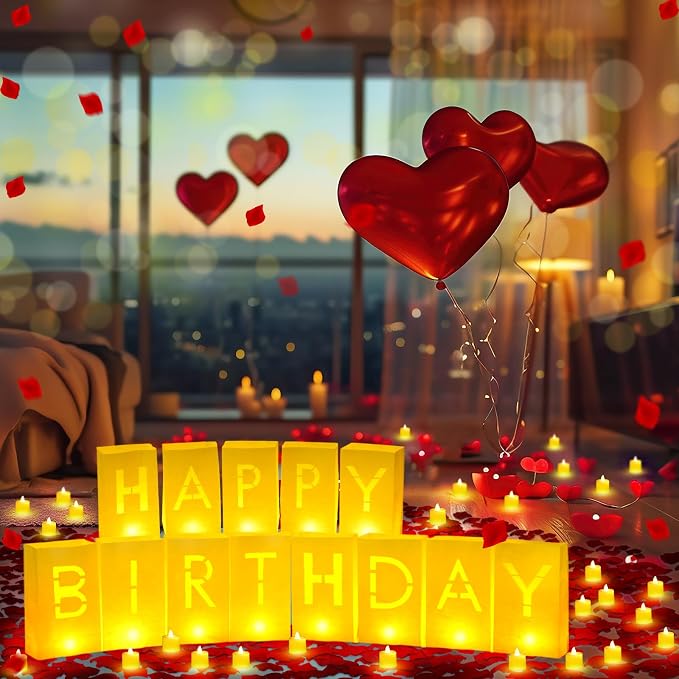 Aurelema 6085 Pcs Happy Birthday Light Up Letters with LED Flameless Tealight Candle Red Rose Petal Letter Luminary Paper Bag for Decoration Party Romantic Night Decor for Women Men