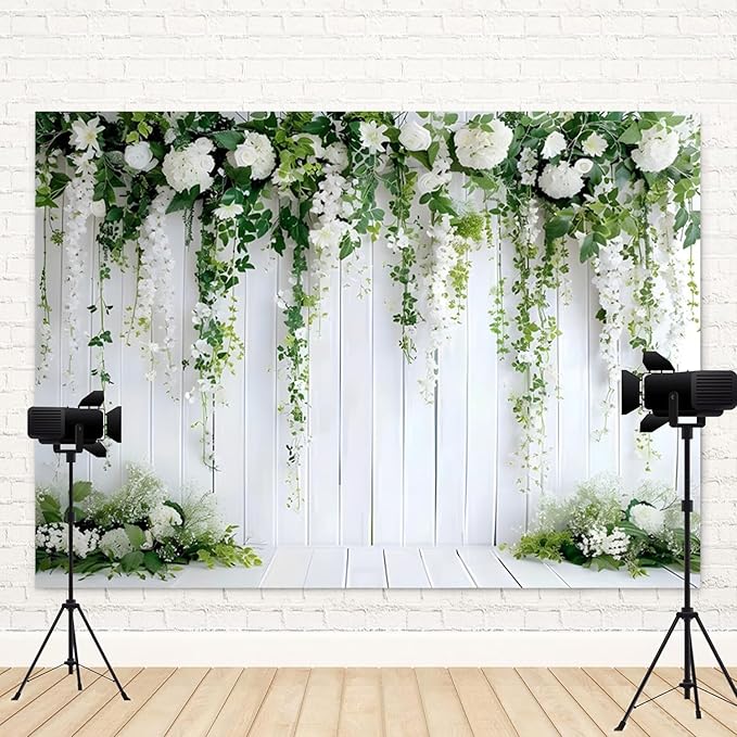 7x5ft White Flower Backdrop Green Leaves Wedding Bridal Shower Photography Background Floral Rustic Wood Wall Birthday Party Banner Decorations Reception Ceremony Portrait Photo Booth Prop