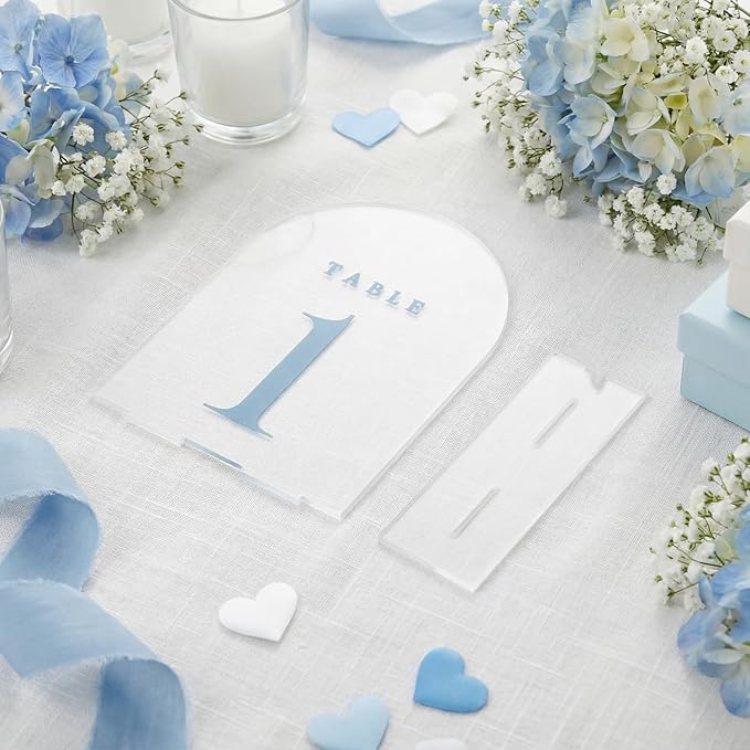 15 Pcs Frosted Arch Wedding Table Numbers with Stands 1-15, 5"x7" Acrylic Display Signs and Holders, Perfect for Centerpiece, Reception, Party, Anniversary, Banquet, Event (Dusty Blue)