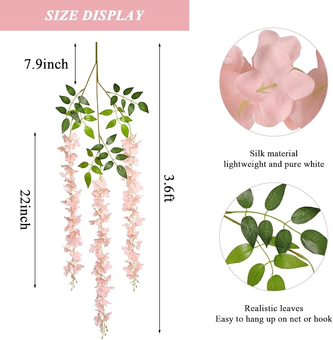 Pauwer 12 Pack Fake Flowers Wisteria Artificial Flower Garland Silk Wisteria Hanging Flowers Vine Rattan String Artificial Flowers for Home Garden Wedding Party Decorations,Blush Pink