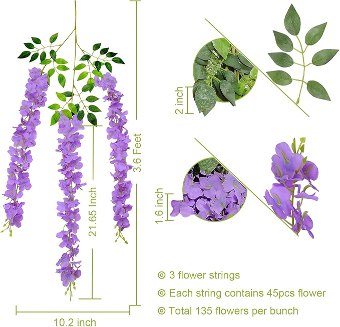 U'Artlines 12 Pack(Total 86.4 Feet) Artificial Fake Wisteria Vine Rattan Hanging Garland Silk Flowers String Home Party Wedding Decor (12, Purple)