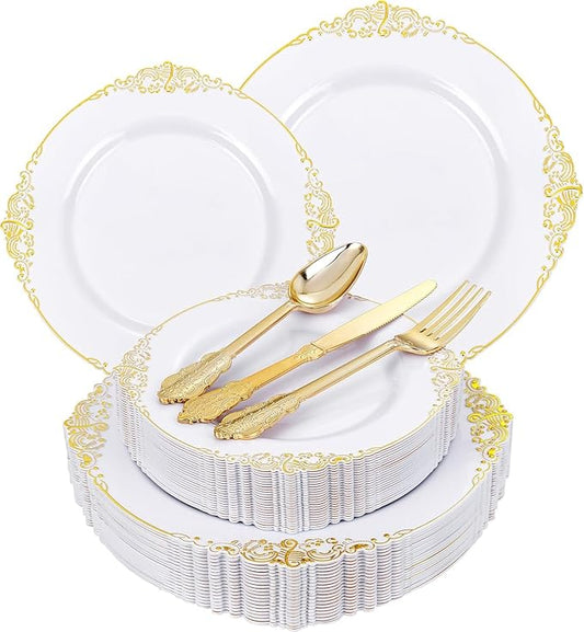 125PCS White and Gold Plastic Plates - Gold Disposable Plates with Plastic Silverware - Vintage Disposable Dinnerware Set for 25 Guests for Parties Holiday
