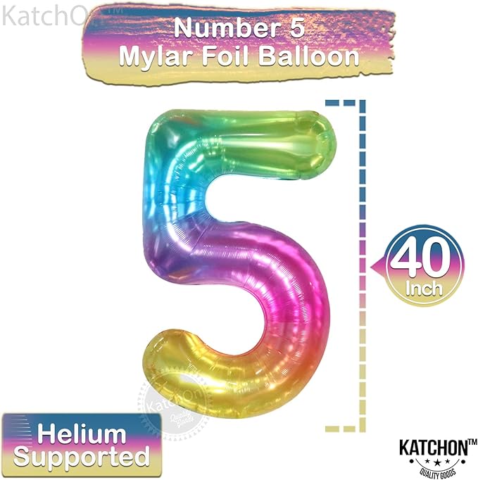 Giant, Rainbow Number 5 Balloon - 40 Inch | Big, Butterfly Balloon and Flower Balloon - Pack of 10 | Rainbow 5 Balloon Number for 5th Birthday Decorations Girl | Number 5 Balloons for Birthdays