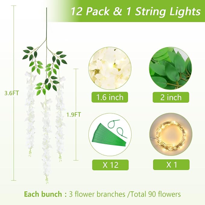 12Pcs Artificial Wisteria Hanging Flowers with Lights, 3.6Ft/Pcs White Fake Wisteria Garland for Wedding Party Home Garden Indoor Outdoor Decoration