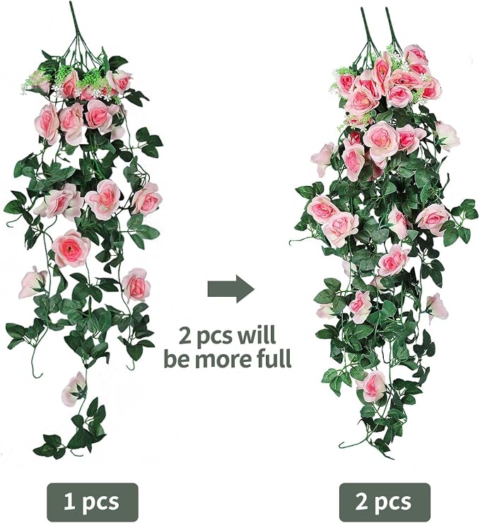 RECUTMS Artificia Hanging Rose Flower Plants, 2 PCS 37 Inches Light Pink Fake Floral Ivy Garland with 30 LED Fairy String Lights for Home Garden Wedding Bridal Shower Derby Party Indoor Outdoor Decor