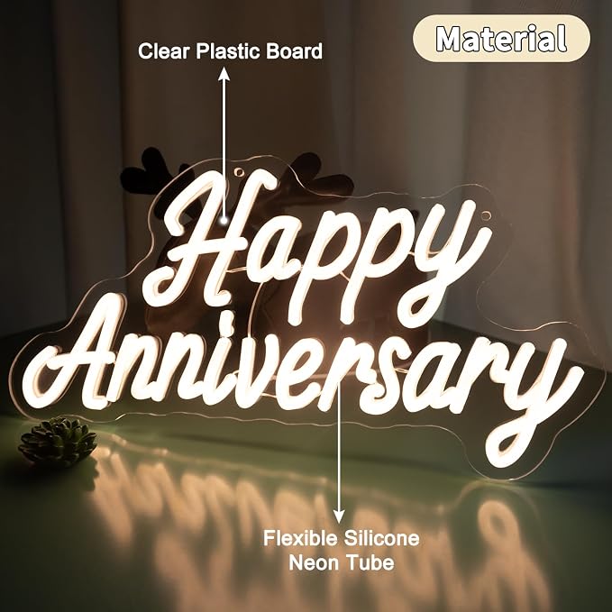 Happy Anniversary Neon Sign - 15.75" Dimmable LED Wall Decor Light, USB Romantic Gift for Couples,Business Celebrate Banner，Party Wedding Anniversary Decorations