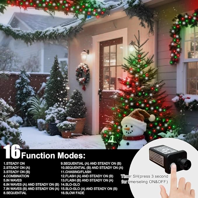 LAMPHOME Red Green White Christmas String Lights, 300 LED 99 FT Connectable Waterproof String Lights Transparent Wire with16 Modes, Xmas Vintage Decorations for Indoor Outdoor Party Yard Garden Decor