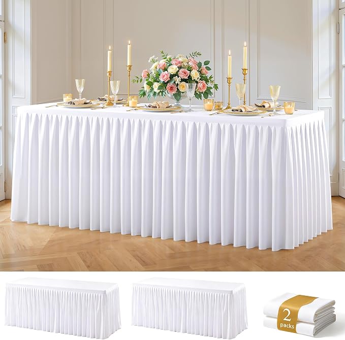 White Polyester Table Cloths for Rectangle 6 Foot Tables, 2 Pack Wrinkle Free Tablecloths Stretchy Banquet Ruffle Fitted Table Cover Desk Skirt for Parties Wedding Birthday Baby Shower