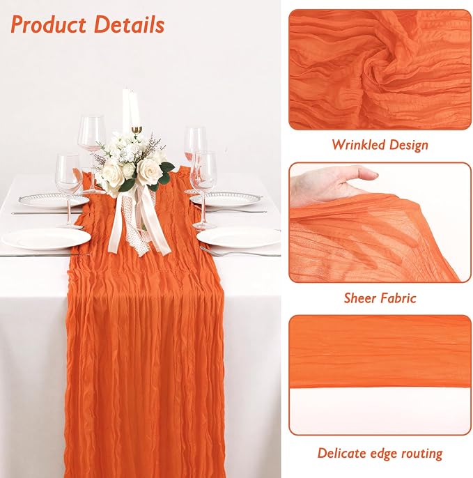 3 Pack Orange Cheesecloth Table Runner 120 Inch 10FT Cheese Cloth Fabric Runners for Boho Decor, Tropical Theme Decoration, Birthday Party