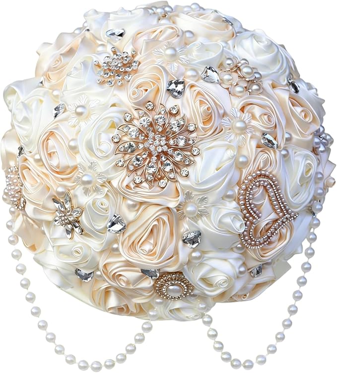 Ivory and Champagne Bridal Wedding Bouquet with Rhinestone Brooch Pearl String Cascade Bouquet for Bride Bridesmaid Quinceanera Satin Rose Flower Bouquet Wedding Champagne and Ivory 8.7in
