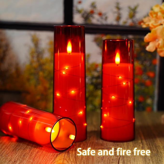 Nimiko Flickering Flameless LED Candles,Battery Operated Candles 9 Pcs with Embedded Star String,Acrylic LED Pillar Candles with Remote,Suitable for Home Decoration to Create an Atmosphere（Red）
