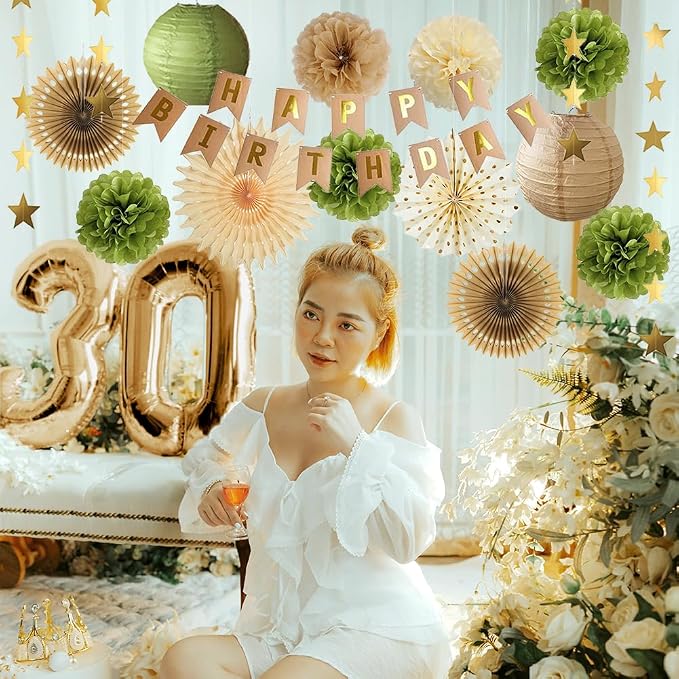 Olive Green and Brown Birthday Decorations Vintage Brown Olive Green Birthday Party Decorations Tan and Beige with Retro Happy Birthday Banner for Women Girls
