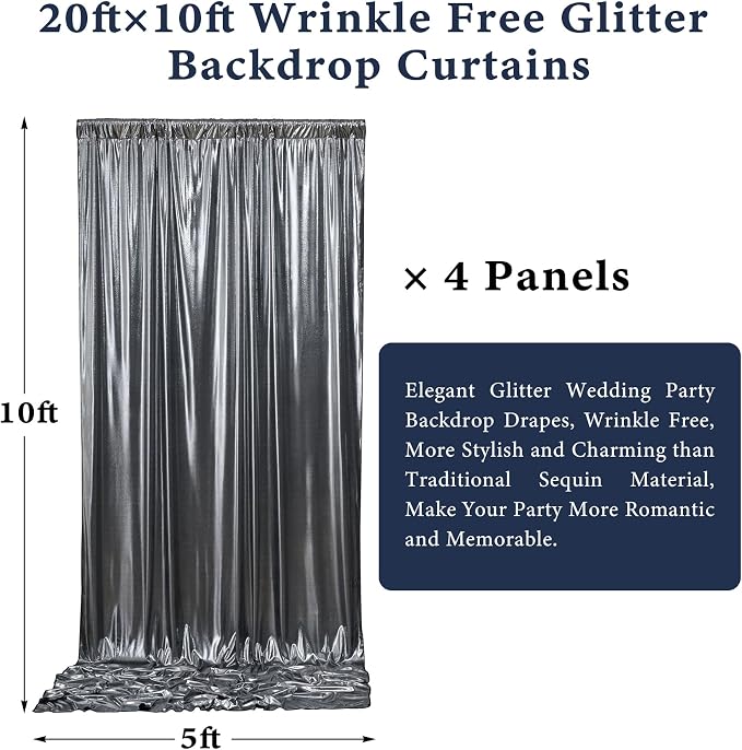 Outpain Thick 20 ft x 10 ft Black Silver Sequin Backdrop Curtain for Parties, Wrinkle Free Glitter Photo Backdrop Drapes 4 Panels 5x10ft Black Silver Back Drop Cloth for Wedding Photography Background