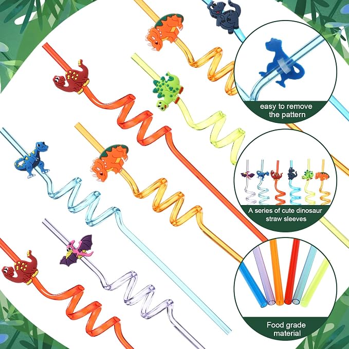 Maxcheck 24 Sets 16 oz Dinosaur Party Favors Goodie Cups with Colorful Lids and Straws for Birthday Decorations Reusable Plastic Candy Cups Bulk Plastic Straws for Birthday Party Celebration Gifts