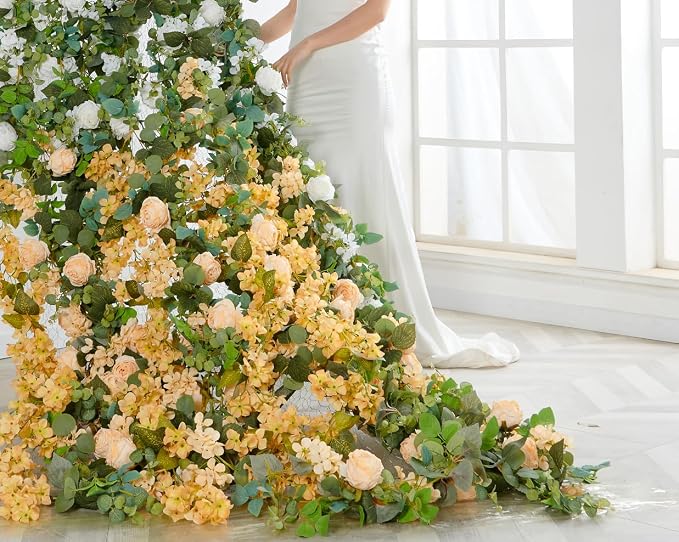 PONKING Flower Garland Artificial Rose & Hydrangea Vine Hanging Fake Flowers Vines for Wedding Birthday Party Valentines Christmas Room Wall Arch Decor, 1 Rose & 1 Hydrangea Champagne Floral Garland