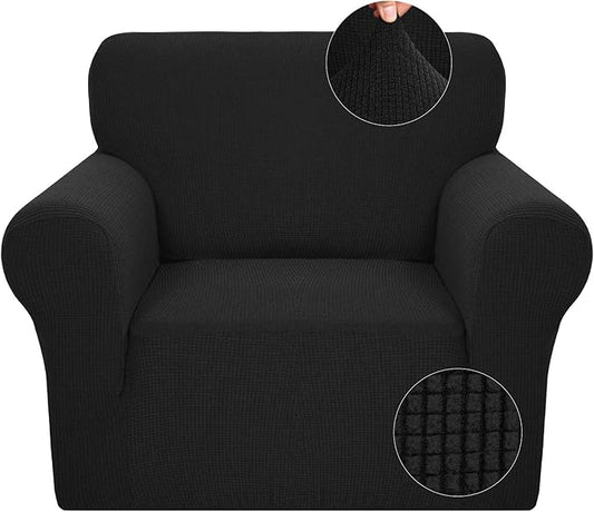JIVINER Super Stretch Chair Slipcovers with Arms 1-Piece Jacquard Small Checks Living Room Armchair Covers Soft Anti Slip Sofa Couch Furniture Protector for Kids Pets (Chair, Black)