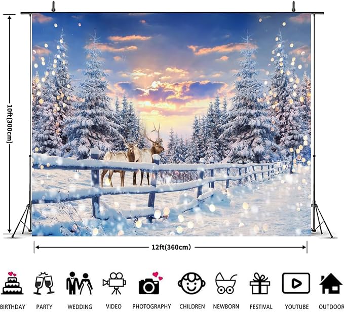 Winter Wonderland Christmas Backdrop 12x10ft for Photography Forest Reindeer Snow Winter Scene Backdrop for Pictures Christmas Party Holiday Background Decorations Photo Booth