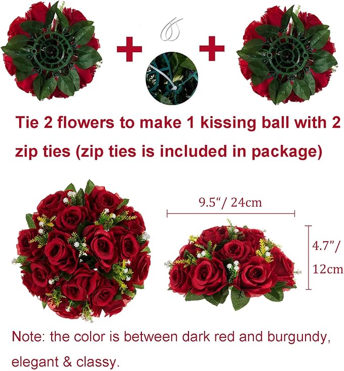 BLOSMON Flower Balls Wedding Rose Centerpieces: 2 Pcs Crimson Red Fake Flowers Kissing Balls Decor - Artificial Silk Roses Floral Arrangement Home Party Table DIY Decorations