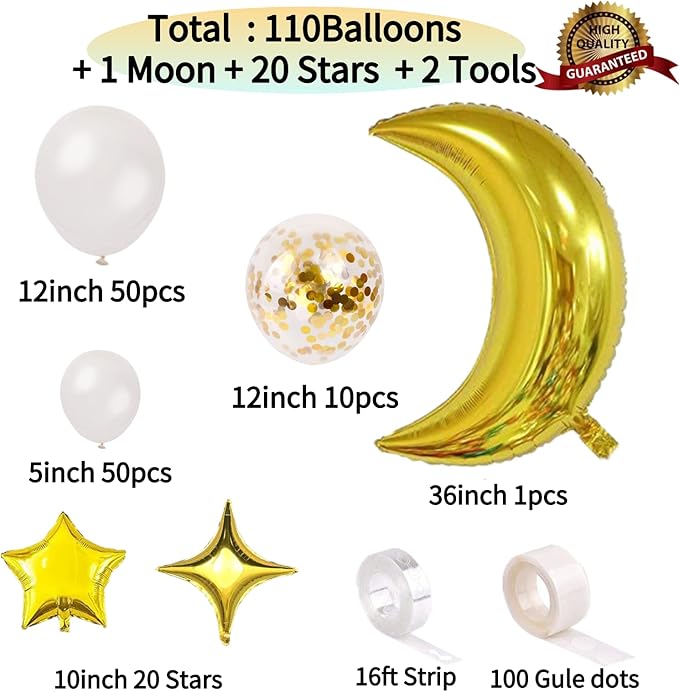 White Balloon Garland Kit - 131pcs White Balloons with Moon and Star, Perfect for Twinkle Twinkle Little Star Baby Shower, Gender Reveal,Birthday Parties, Weddings and Festive Celebrations