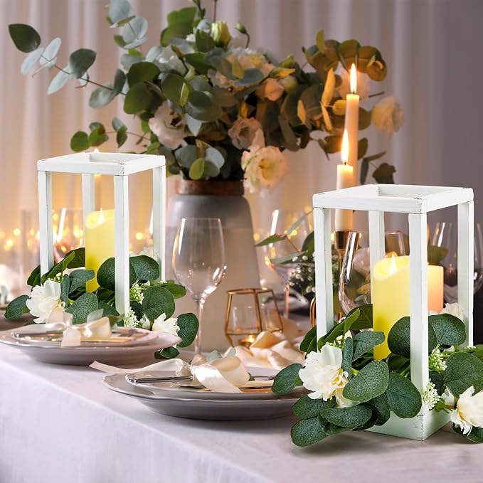 Sabary 5 Sets/ 10 Pcs Wooden Lantern Candle Holders with Candles for Wedding Decoration Vintage Table Centerpiece Farmhouse Rustic Candle Lantern for Indoor Fireplace Dining Party Decor (White)
