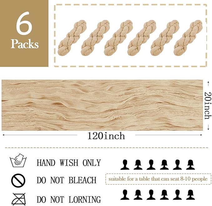 6 Pack Beige Cheesecloth Table Runner 20 x 120 inch Gauze Table Runners 10 FT Long,Semi Sheer Boho Cheese Cloth Fabric Table Runner Bulk for Party,Wedding,Baby Shower,Bridal Shower Decoration