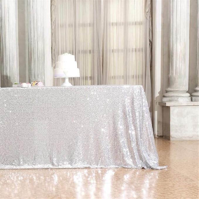 Eternal Beauty Silver Tablecloth, 90x132 Inch Sequin Rectangle Glitter Table Cover for Cake Dessert Exhibition Party Birthday Events