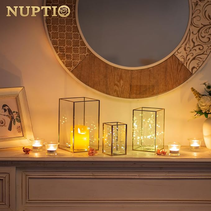 NUPTIO Hurricane Glass Candle Holders: 6 Pcs Clear Lantern Pillar Candles Holder with Black Metal Frame Modern Candle Lanterns Centerpiece for Wedding Ceremony Holiday Decoration 8.1 & 6.5 & 4.7 inch