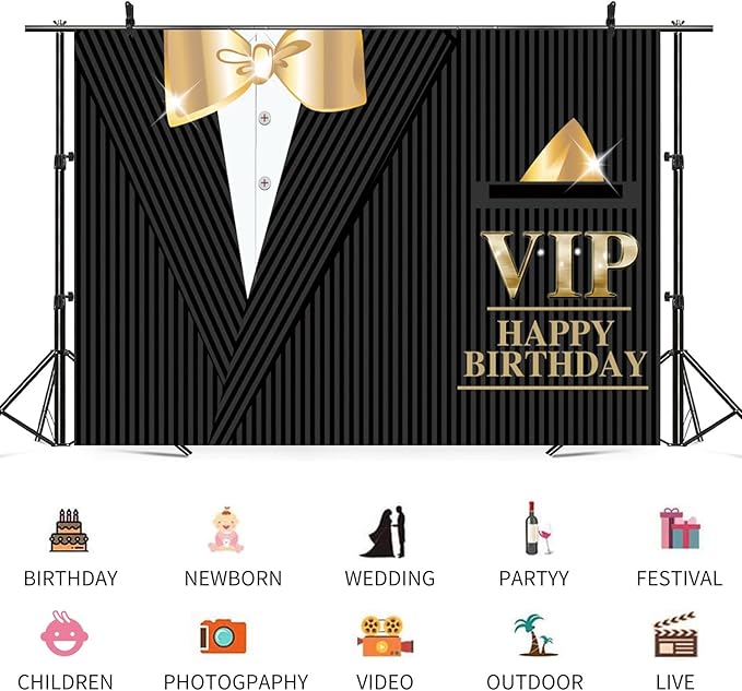 10x7ft Happy Birthday Backdrop VIP Photography Background Gentleman Black Tuxedo Suits White Shirts Gold Bow Tie Men Birthdays Party Banner Decorations Boys Kids Portrait Photo Booth Prop