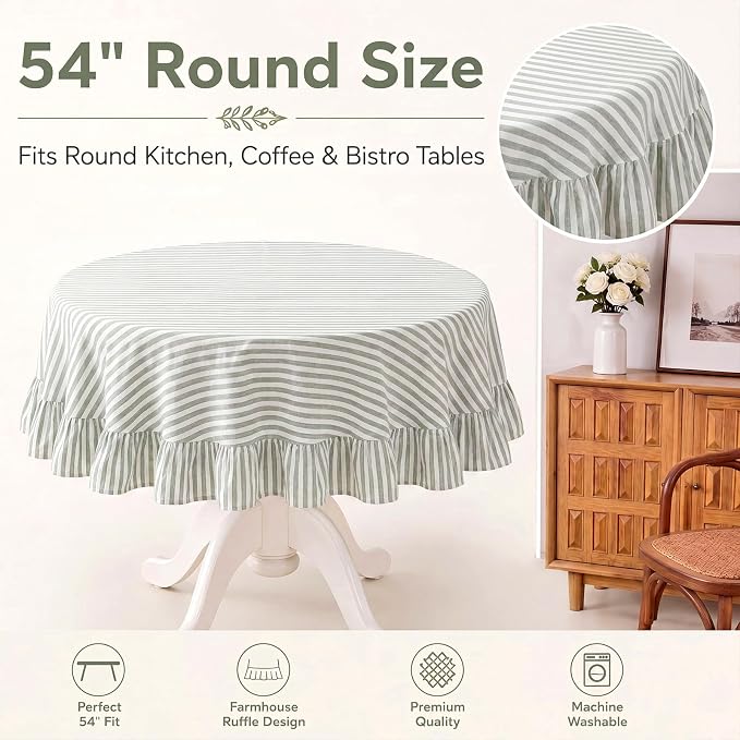 Boao Cotton 54 Inch Farmhouse Ruffle Tablecloth Sage Green White Striped Flounces Trim Table Cover for Round Table Kitchen Party Wedding Decor