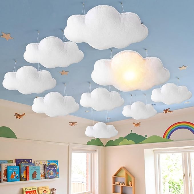 Tingjoo 10 Pcs Clouds for Room Ceiling White 3D Felt Hanging Cloud Decoration Artificial Fake Clouds Ornament for Baby Shower Birthday Party Wedding Baby Nursery Room Stage Show Props