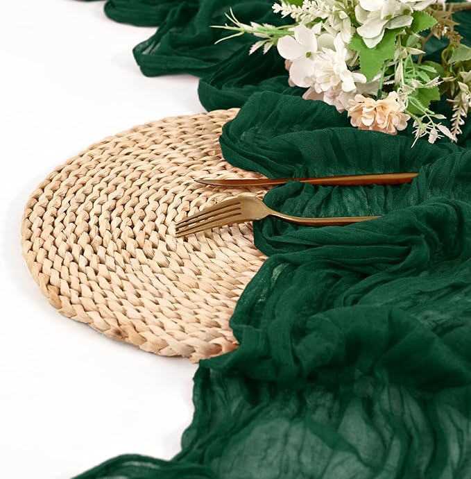 24 Pack Dark Green Cheesecloth Table Runner 10FT Boho Gauze Cheese Cloth Table Runner Rustic Sheer Fabric Table Runners for Wedding Bridal Shower Baby Shower Party(21.5×120 Inch)
