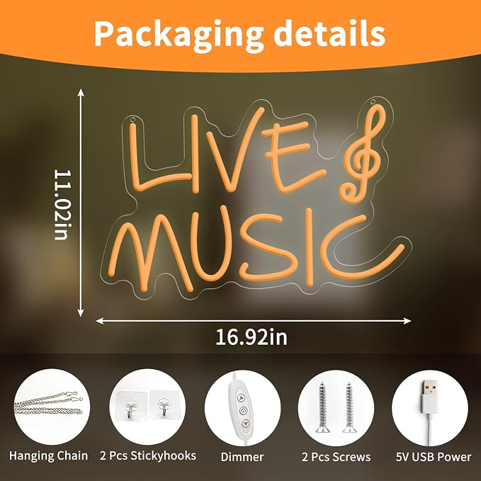 Live Music Neon Signs for Wall Decor, LED USB Powered Light Sign, Yellow Neon Light Up Letters Sign for Bedroom Music Studio Room Club Party Decor 16.93 x 11.02"