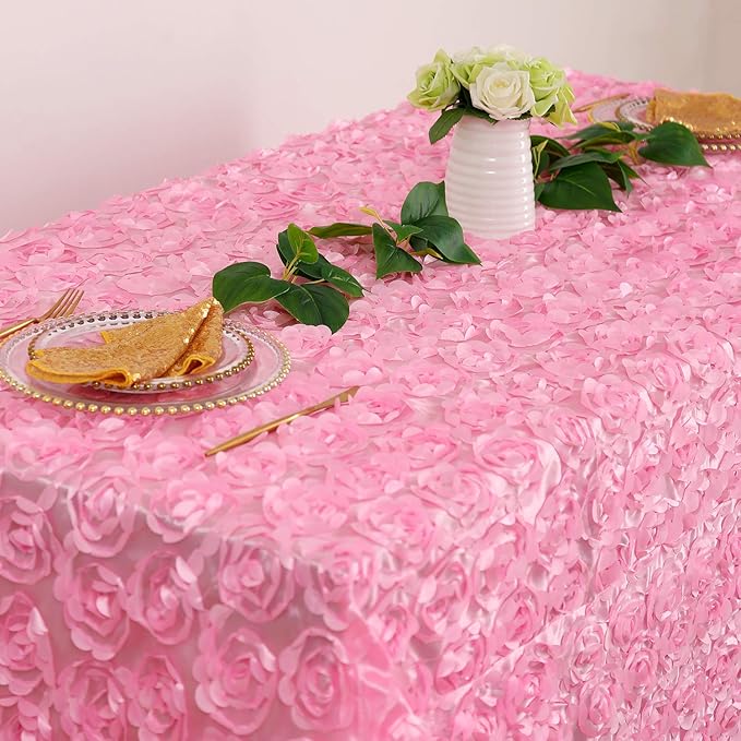 Fanqisi Baby Shower Tablecloth 50x102 Inches Pink Tablecloth Rectangle Satin Overlay Rosette Tablecloth 3D Floral for Wedding Party Event