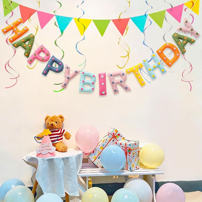 Pre-Strung Handmade Wool Felt Colorful Happy Birthday Banner, Unique 3D Confetti Dots Happy Birthday Garland Decor, Reusable Happy Birthday Sign for Boho Rainbow Party Backdrop Decorations