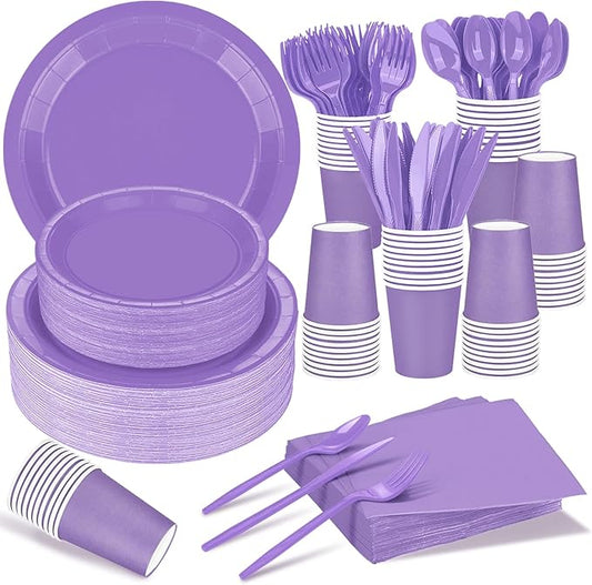 TWOWYHI 228PCS Lavender Party Supplies Set Include Paper Plates Cups Paper Napkins Plastic Spoons Forks Knives for 30 Guests Disposable Party Dinnerware for Birthday Wedding Family Picnic