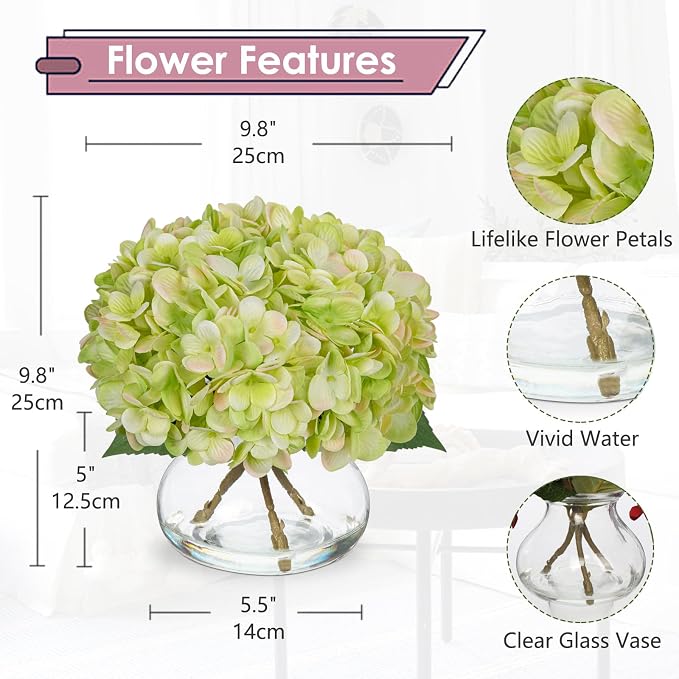 Hollyone Green Hydrangea Artificial Flowers with Glass Vase Silk Faux Flowers Arrangements in Vase with Faux Water Fake Floral Bulk Bouquet for Home Decor Table Centerpiece Decorations
