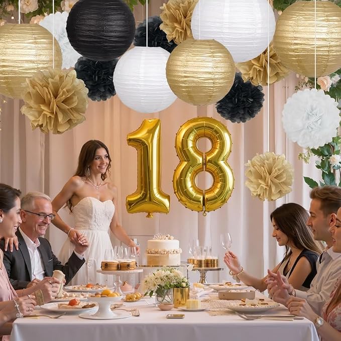 18pcs Black Gold Paper Lanterns Decoration Hanging Paper Décor Pom Poms Paper Flower Party Supply for Graduation Masquerade New Years Birthday Party Decor