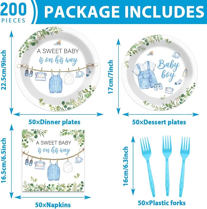 200Pcs Greenery Baby Shower Plates and Napkins Decoration Watercolor Blue Party Tableware Dinnerware Set A Sweet Boy Is On His Way Paper Plates for Baby Boy Gender Reveal Party Supplies Serve 50