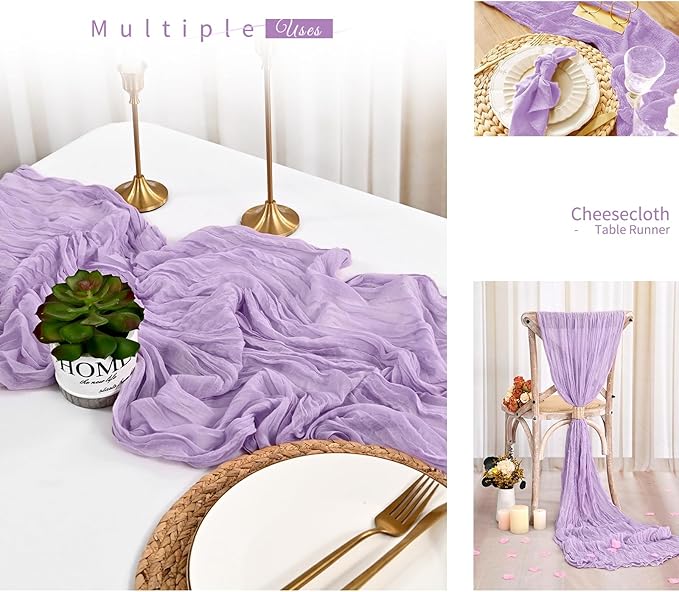 Showgeous 10 Pack Lilac Cheesecloth Table Runner Gauze Table Runner 10FT Long Semi-Sheer Table Runner Boho or Rustic Wedding Table Decor for Wedding Decor Arch Draping Bridal Shower Holiday Party