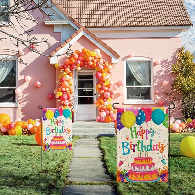 Happy Birthday Garden Flags 12x18 Double Sided Burlap, Colorful Balloon Cake Toppers Personalized Banner Farmhouse Yard Sign Birthday Party Outdoor Decorations DF576