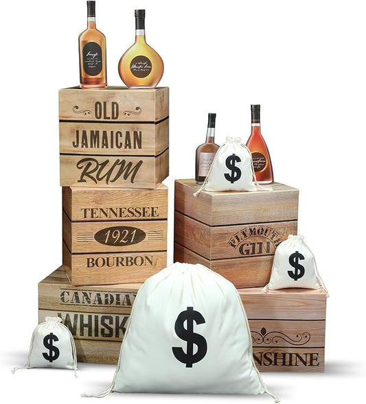 Marsui 13 Pcs Roaring 20s Party Decorations Photo Backdrop Speakeasy Decor Including 5 Wood Grain Boxes 4 Whiskey Bottle Cardboards and 4 Dollar Sacks for Retro Jazz Twenties 1920 Party (Light Color)