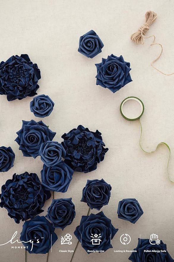 Ling's moment Artificial Flowers Fake Roses Faux Foam Peony Combo for DIY Wedding Bouquets Centerpieces Arrangements Bridal Shower Party Home Decorations, Navy Blue, 24pcs